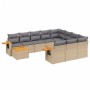 Beige 11-tlg. vidaXL Garten-Sofagarnitur aus Poly Rattan mit hellgrauen Kissen und Tisch.