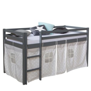 Graues Kinderhochbett 90x200 mit Sternen-Bettvorhang, Leiter, Matratze und Lattenrost. Ideal für Abenteuerbetten.
