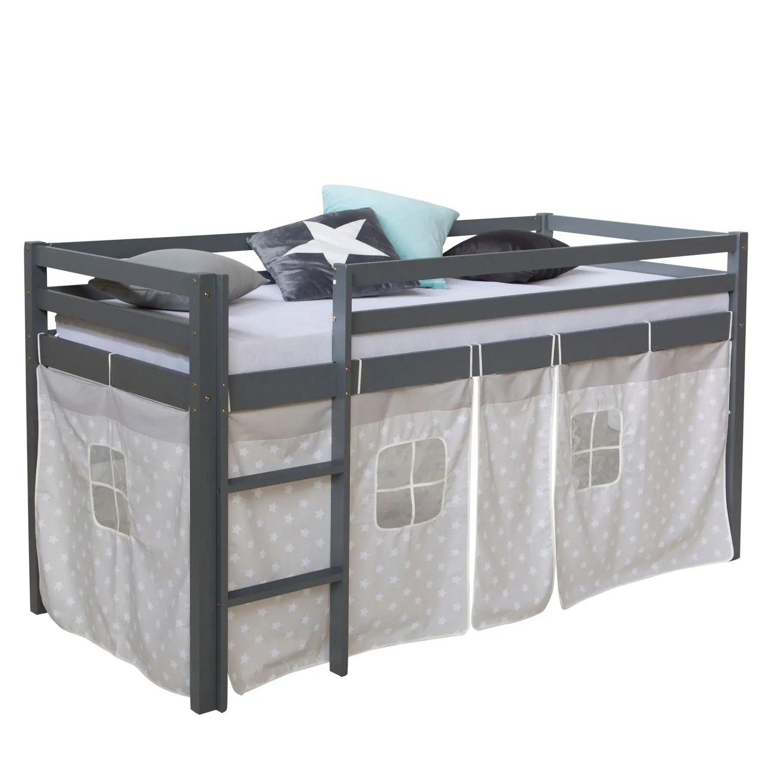 Homestyle4u Kinderhochbett 90x200 Grau mit Lattenrost Matratze 2783