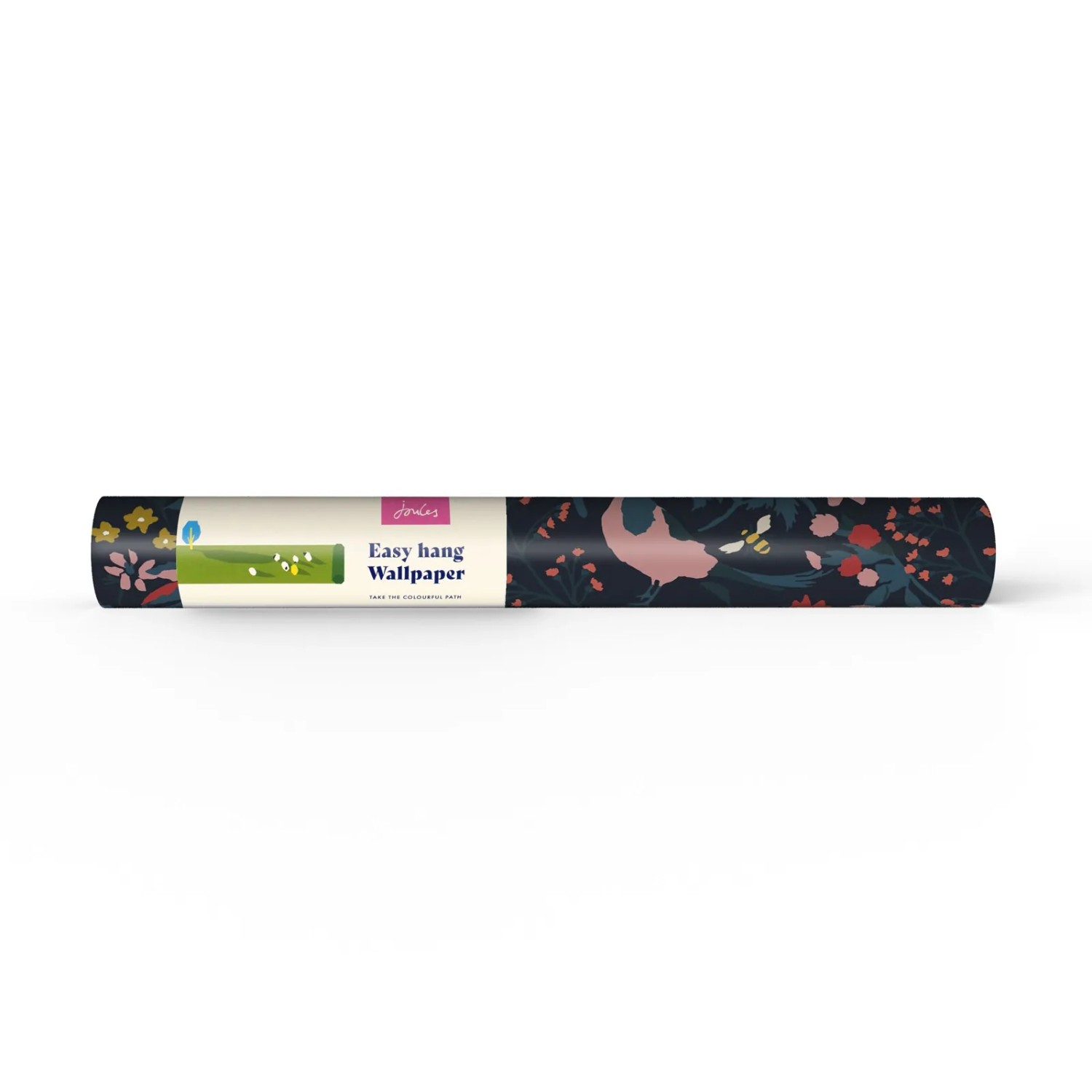 Gerollte Joules Vliestapete Fields Edge Floral French Navy Blau mit Blumen-, Bienen- und Vogelmuster.