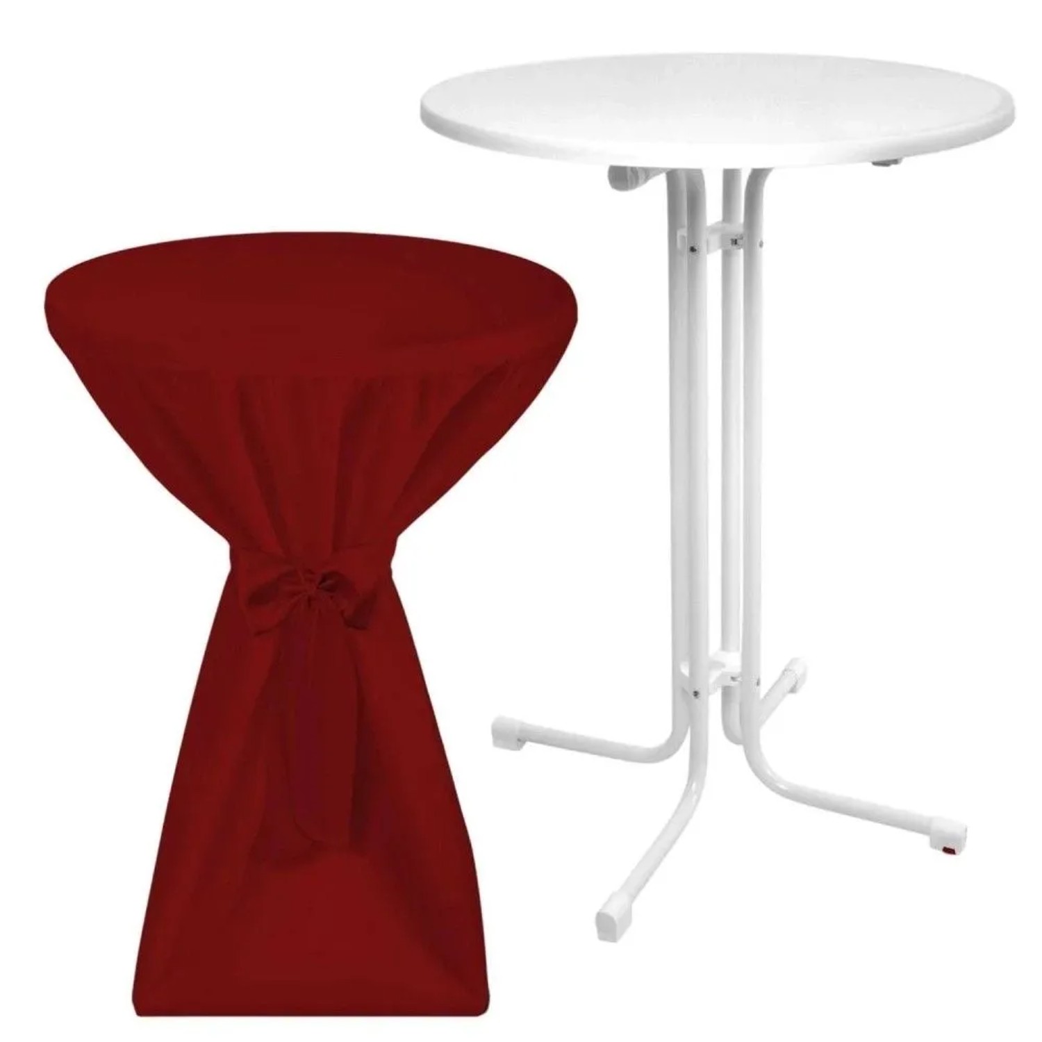 Beautissu Sylt Stehtisch ø 70cm Weiß mit Premium Stehtischhusse ø 70cm Bordeaux