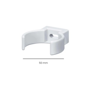 Weiße Inefa PVC Rohrschelle Clip DN 50 zur Fallrohr-Wandmontage. Robuste Kunststoff-Befestigung für Dachrinnen.