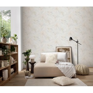 Dekorative Erismann Vliestapete Aurora Liquid Aura Beige mit glitzerndem Marmorwirbelmuster.