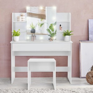 Weißer ECD Germany Schminktisch mit Hocker, Spiegel und LED-Beleuchtung. Ideal für Schlafzimmer und Jugendzimmer.