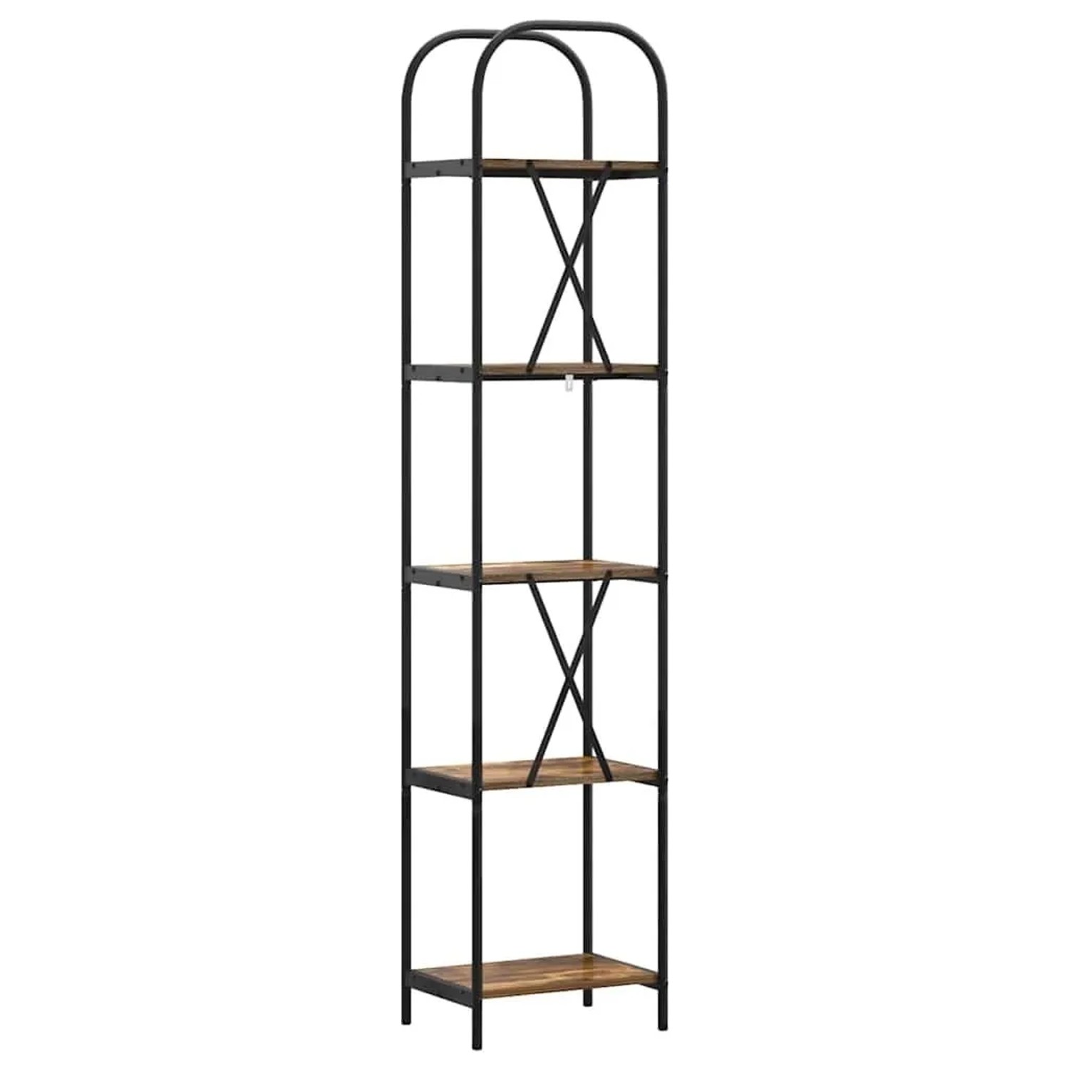 vidaXL Bücherregal, geräucherte Eiche Holzwerkstoff, 5 Regale, schwarzes Metallgestell mit Bögen.