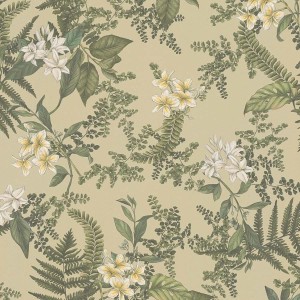 Grüne Blumentapete im Landhausstil mit floralem Botanik-Muster für Schlafzimmer.