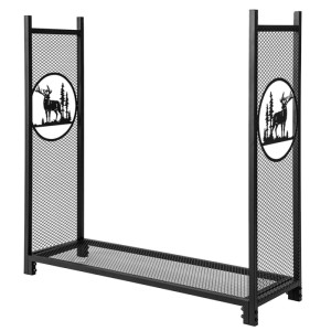 Schwarzes Costway Kaminholzregal mit Hirsch-Motiv, ideal zur Lagerung von Brennholz im Innen- und Außenbereich.