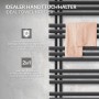 Anthrazitfarbener LuxeBath Badheizkörper 600x1600mm mit Handtüchern und 900W Heizstab.