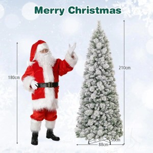 Costway Künstlicher Weihnachtsbaum 210cm mit LED und Schnee, daneben steht ein Weihnachtsmann.