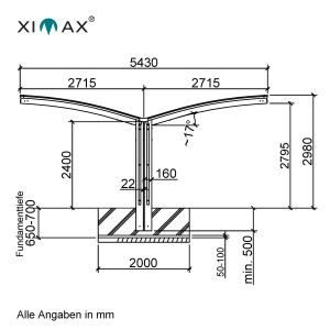 Technische Zeichnung: Ximax Alu Doppelcarport Portoforte Typ 110, Maße und Fundamentdetails.