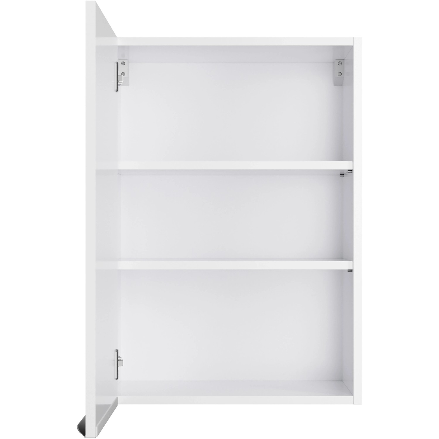 Optifit Arvid986 Küchen-Hängeschrank, 50cm, weiß, mit zwei Einlegeböden und offener Tür.