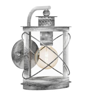Antike silberne Eglo Außenwandleuchte Hilburn 1 mit E27 Fassung und klarem Glas.