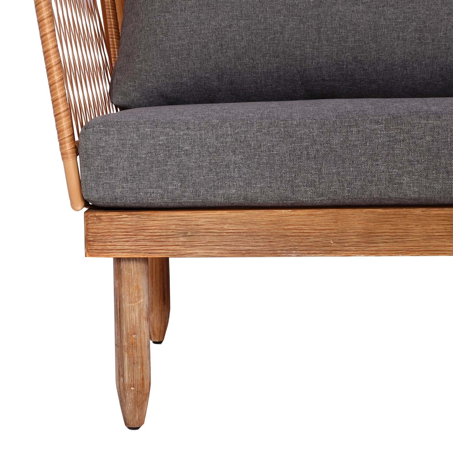 Detailaufnahme: Dunkelgraue MCW Garten-Garnitur aus Akazienholz mit Seilgeflecht. Lounge-Gartenmöbel.