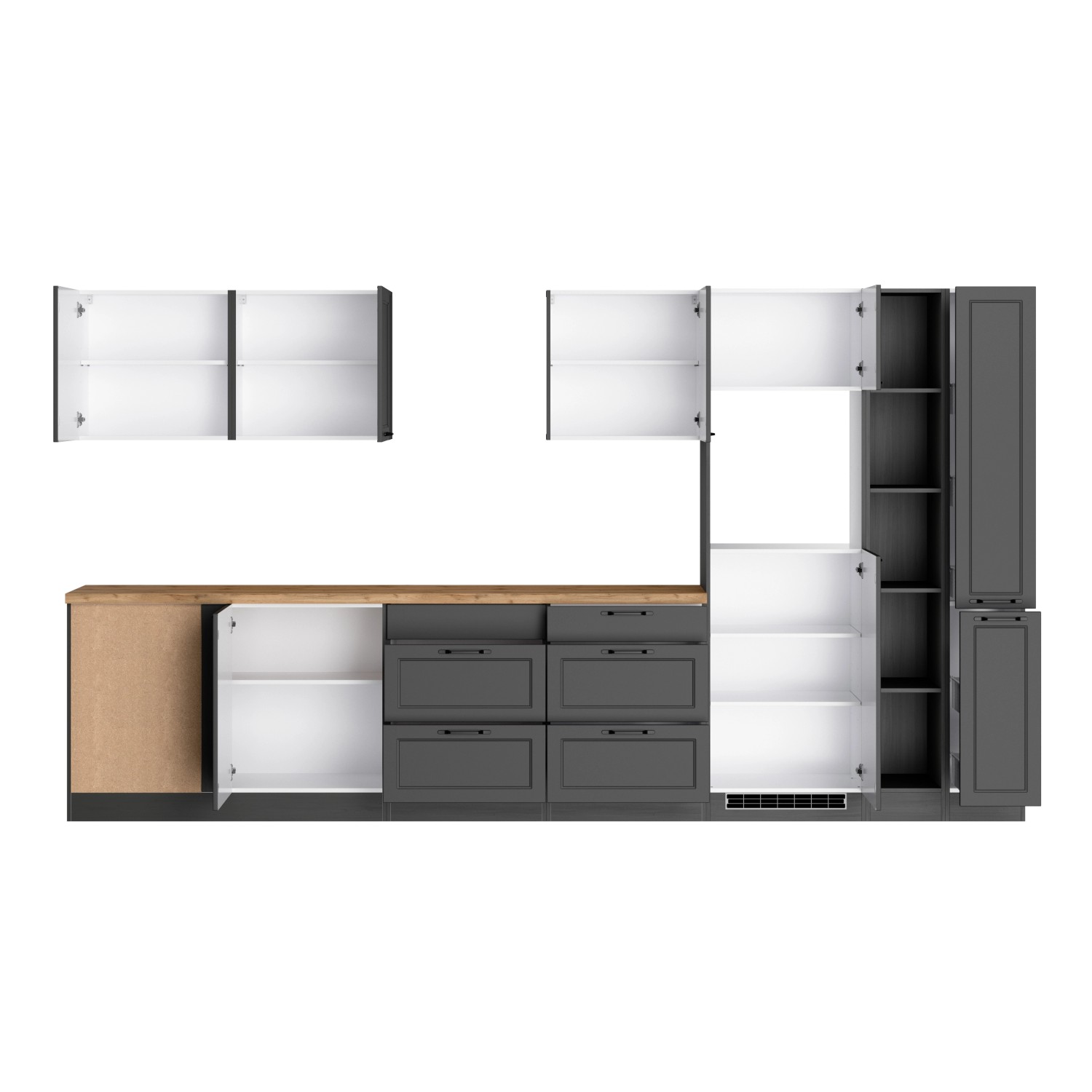 Held Winkelküche Kempten, 360 cm, Grau/Graphit, ohne E-Geräte. Moderne Küchenzeile mit Arbeitsplatte in Holzoptik.