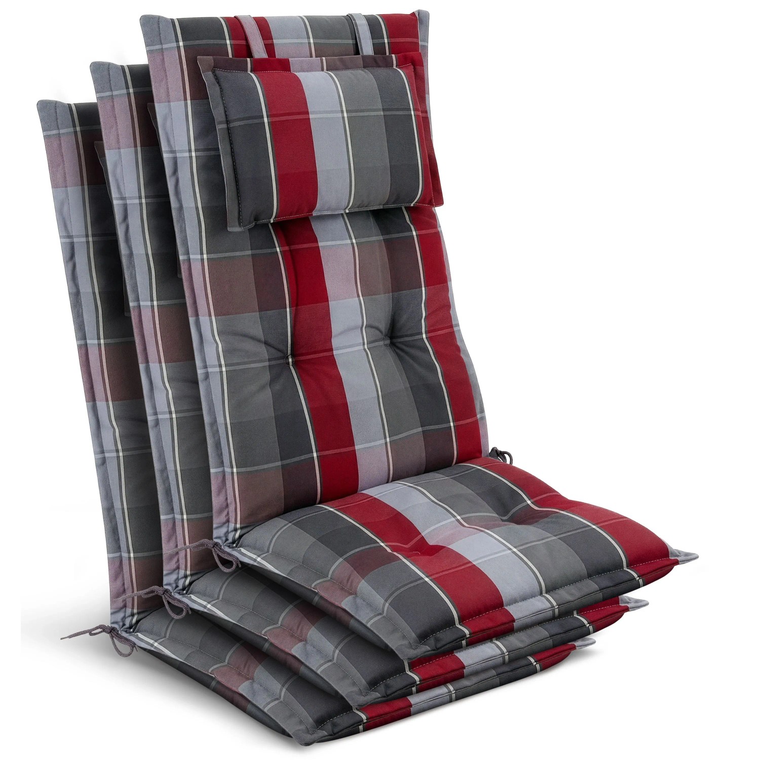 Beautissu 3x Gartenstuhlauflage Hochlehner 120x50x7cm Grau-Rot-Hellblau-Kariert