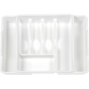 Ausziehbarer, weißer Besteckkasten für Schubladen mit 5-7 Fächern.