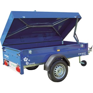 Stema Blue Man 750 Autoanhänger mit geöffnetem, blauem Deckel.