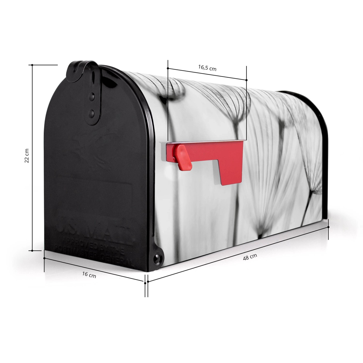 Schwarzer Banjado US Briefkasten mit Pusteblumen Motiv, 48x22x16cm.