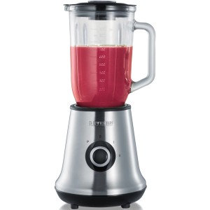 Severin Standmixer SM 3734 aus Edelstahl, schwarz, mit Glasbehälter und rotem Smoothie.