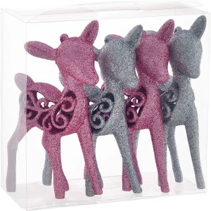 Baumschmuck-Set: 4 glitzernde Rentiere in Pink und Silber, dekorativer Baumbehang.