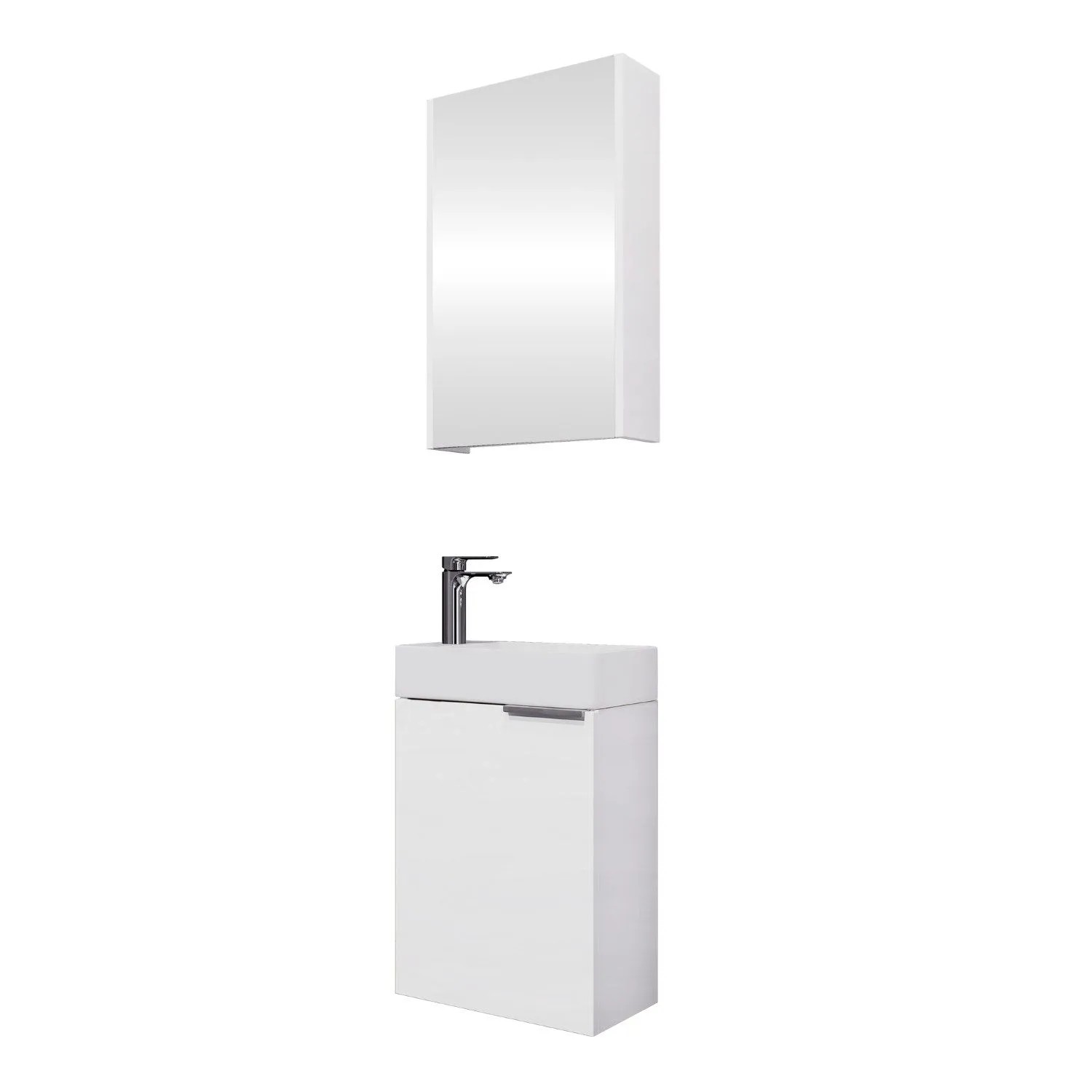 Planetmöbel Badmöbel Set 40 cm Weiß mit Keramikwaschbecken Spiegelschrank Soft Close