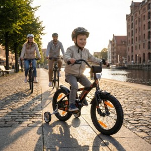 Schwarzes PROMETHEUS Kinderfahrrad 16 Zoll mit Stützrädern für Kinder mit Familie auf Radtour.