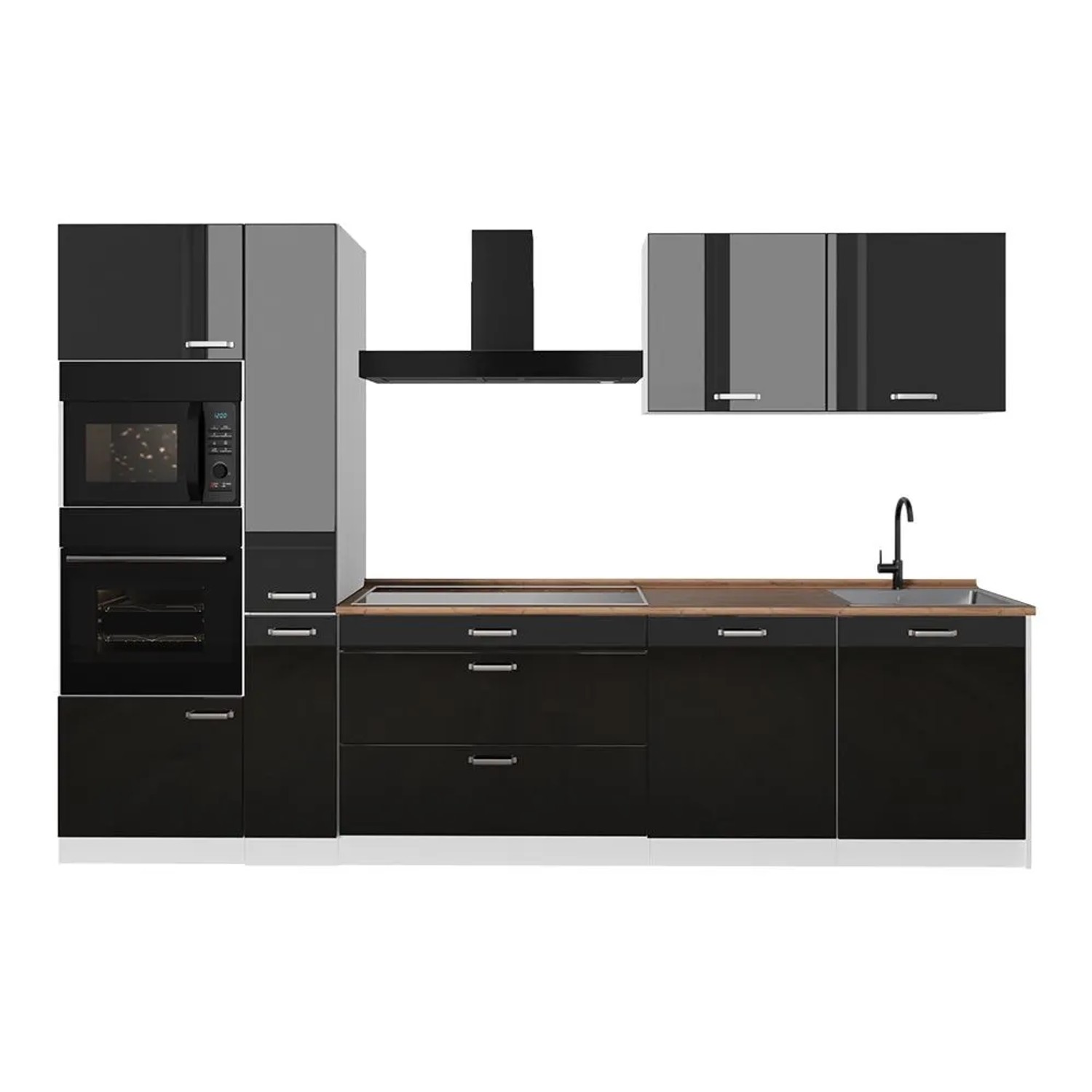 Vicco Küchenzeile R-Line Schwarz Hochglanz/Weiß 310 x 207 Arbeitsplatte Goldkraft Eiche Art Nr 66458