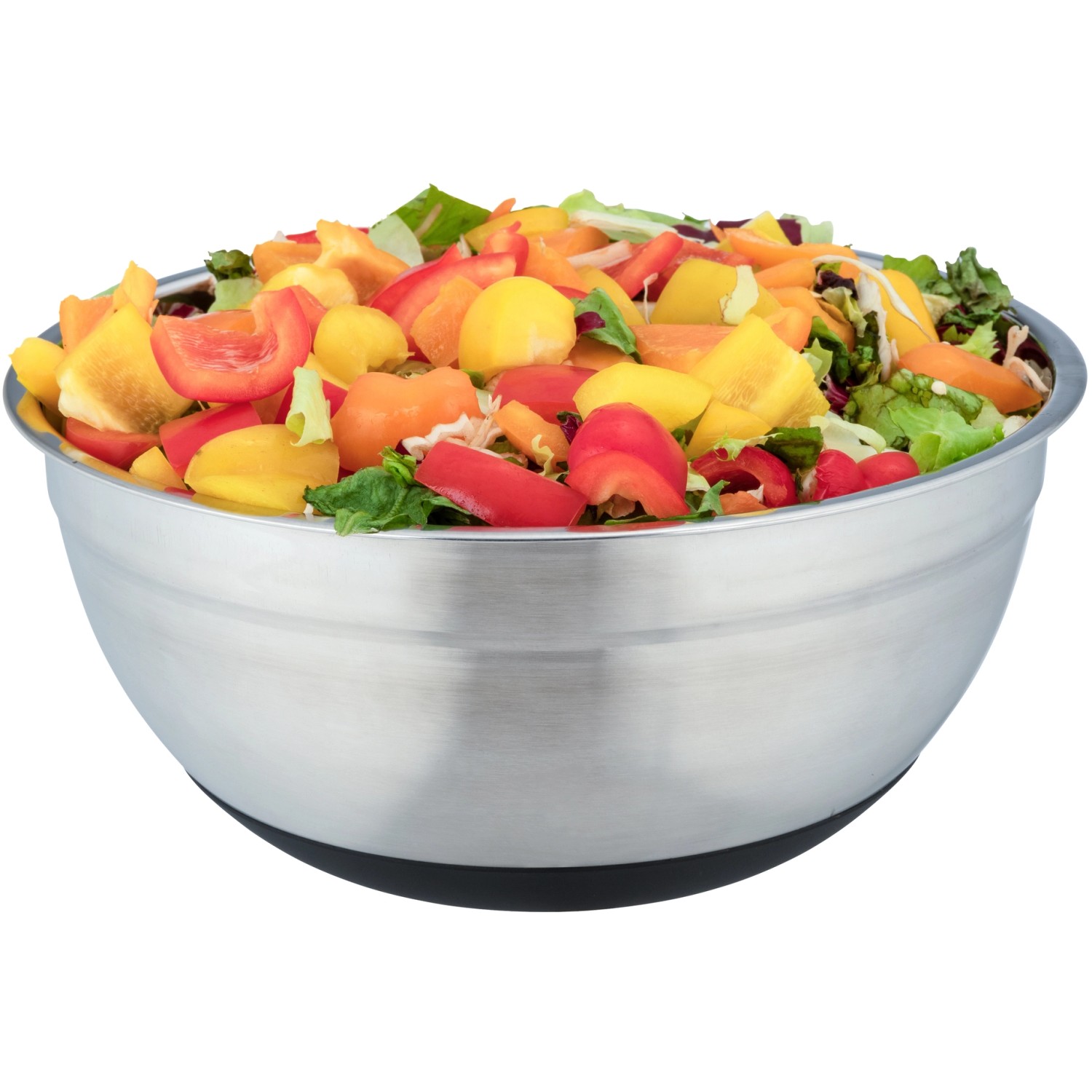 Wenko Schüssel Aru (4 l) mit Salat. Edelstahl-Servierschüssel mit Anti-Rutsch Boden für Grillutensilien.