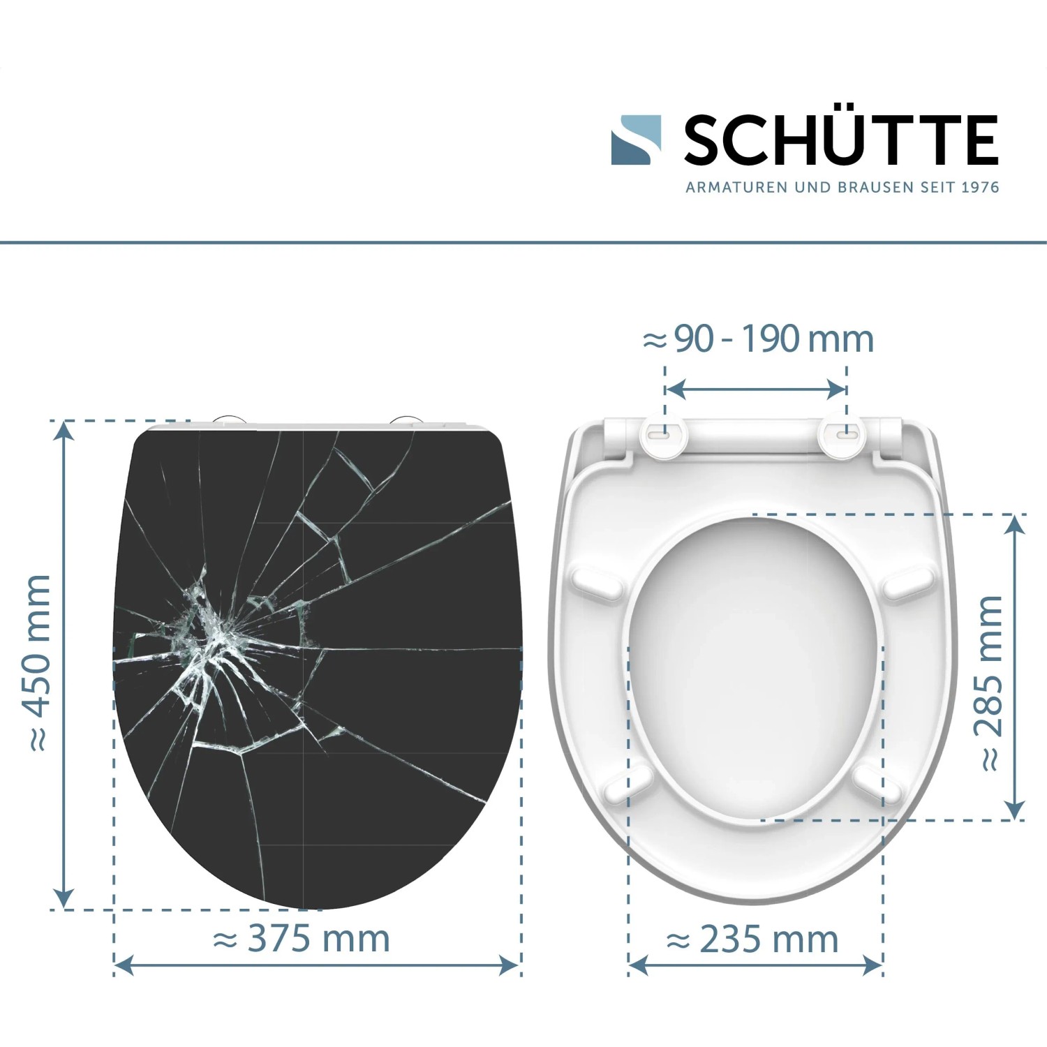Schütte WC-Sitz Broken Glass Duroplast mit Absenkautomatik und Schnellverschluss, Maße