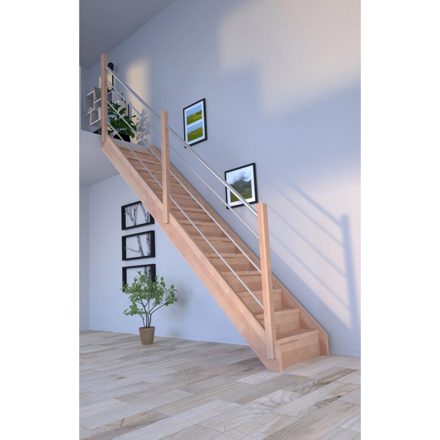 Gerade Buchenholztreppe Mykonos Pro mit Edelstahl-Geländer und Setzstufen, FSC®-zertifiziert.