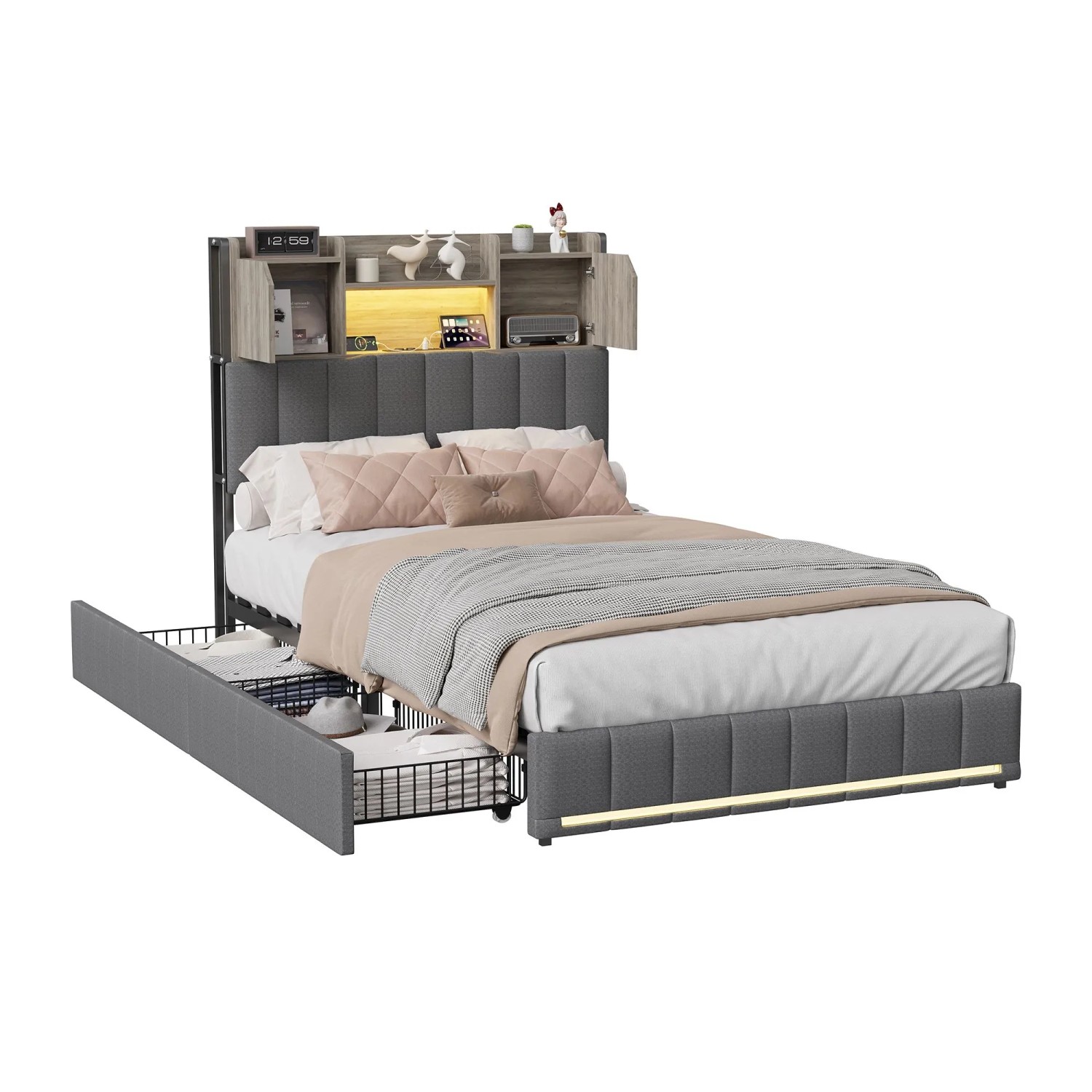 PXloue Polsterbett 90 x 200cm Grau mit Schubladen Gepolstertes Kopfteil LED-Beleuchtung