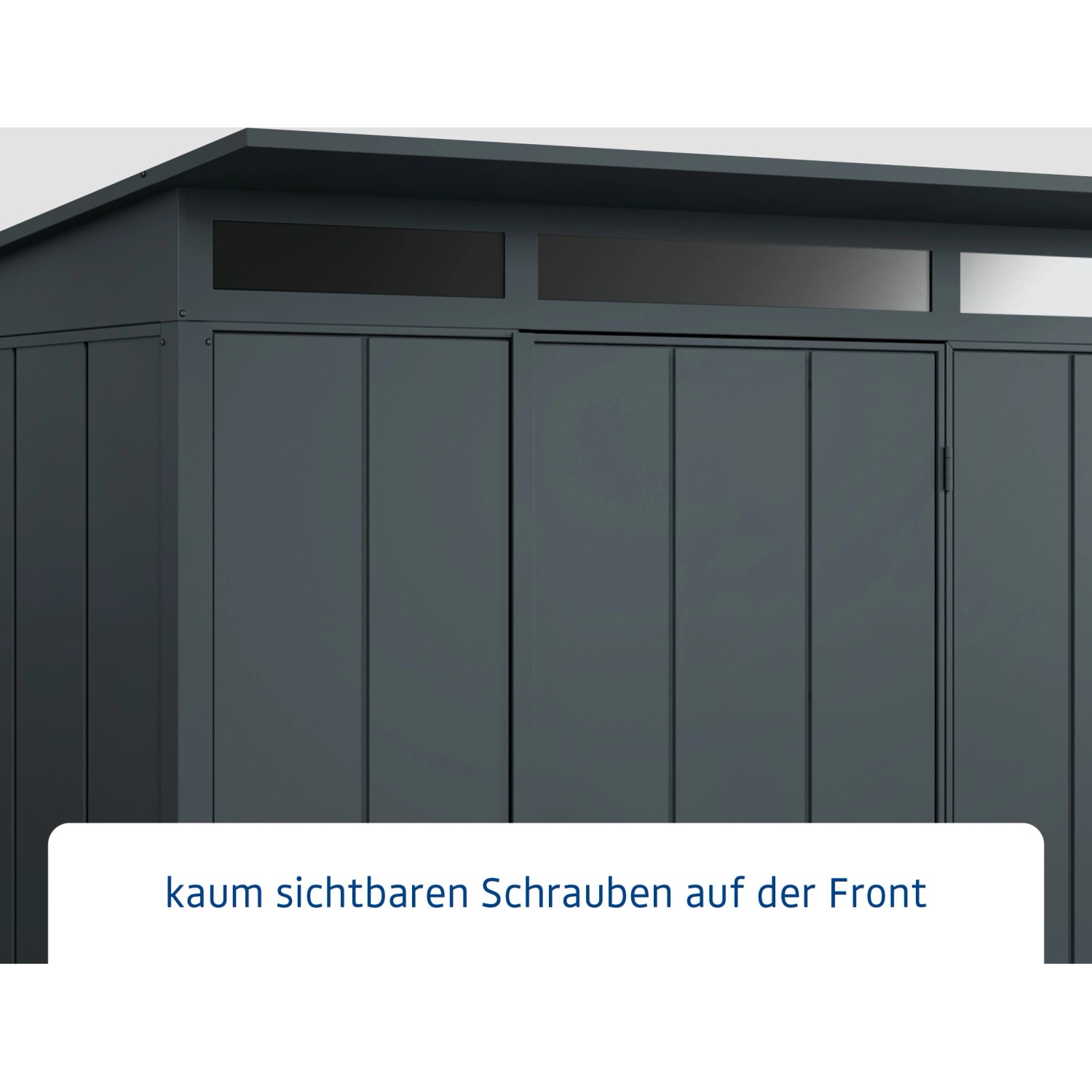 Detailansicht des anthrazitgrauen Ecostar Gerätehauses Elegant mit Pultdach und Einzeltür.