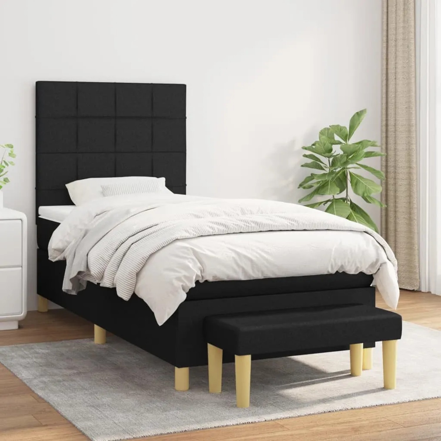 Schwarzes vidaXL Boxspringbett (90x190 cm) mit Matratze und Bank, Stoffbezug.