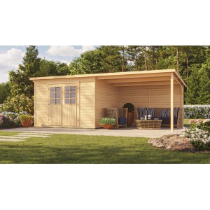 Weka Holz-Gartenhaus Como mit Anbaudach, naturbelassen, mit Doppeltür und überdachtem Bereich.