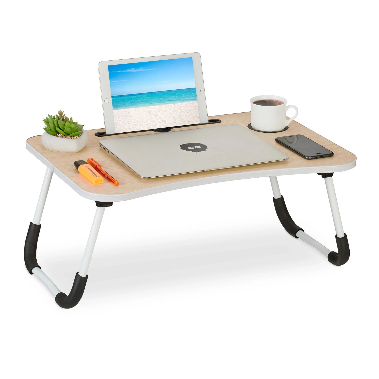 Relaxdays Laptoptisch MDF Eisen Natur Weiß Zusammenklappbar Rutschfest mit Tablet und Getränkehalter 26 cm x 63 cm x 40 cm 2 kg