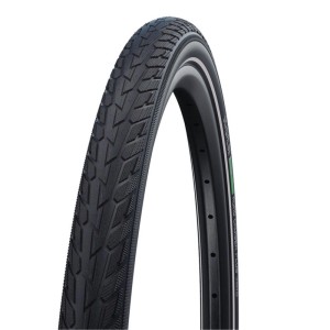 Schwalbe Road Cruiser HS484 Fahrradreifen, schwarz, mit markantem Profil, Reflexstreifen und grünem Seitenstreifen. 28 Zoll Qualitätsreifen.