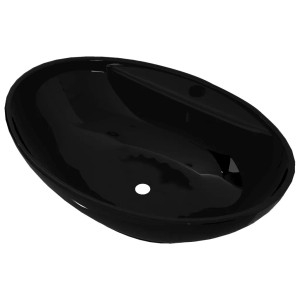 Schwarzes, ovales Keramik Waschbecken mit Hahnloch und Überlauf von vidaXL.