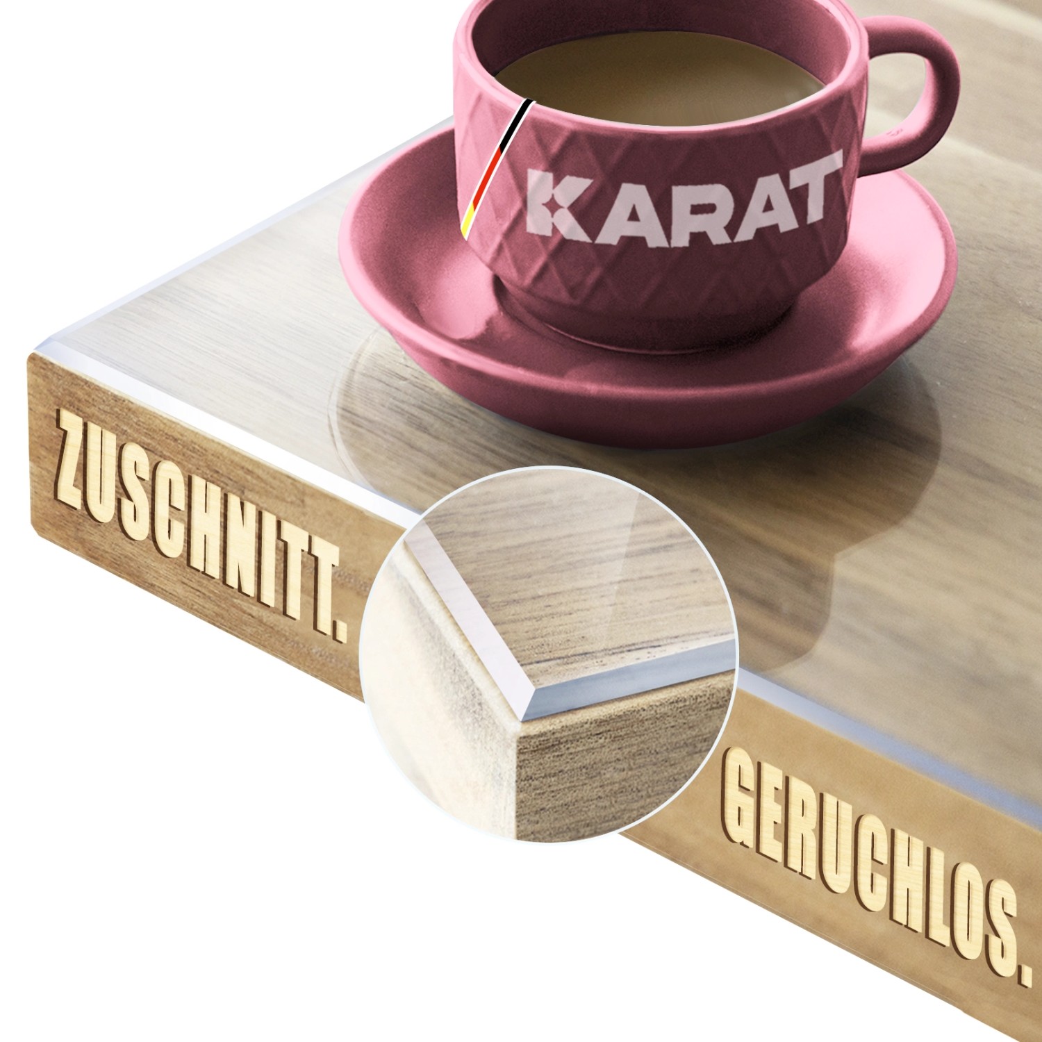 Transparente KARAT Tischfolie nach Maß mit abgeschrägter Kante und Tasse.