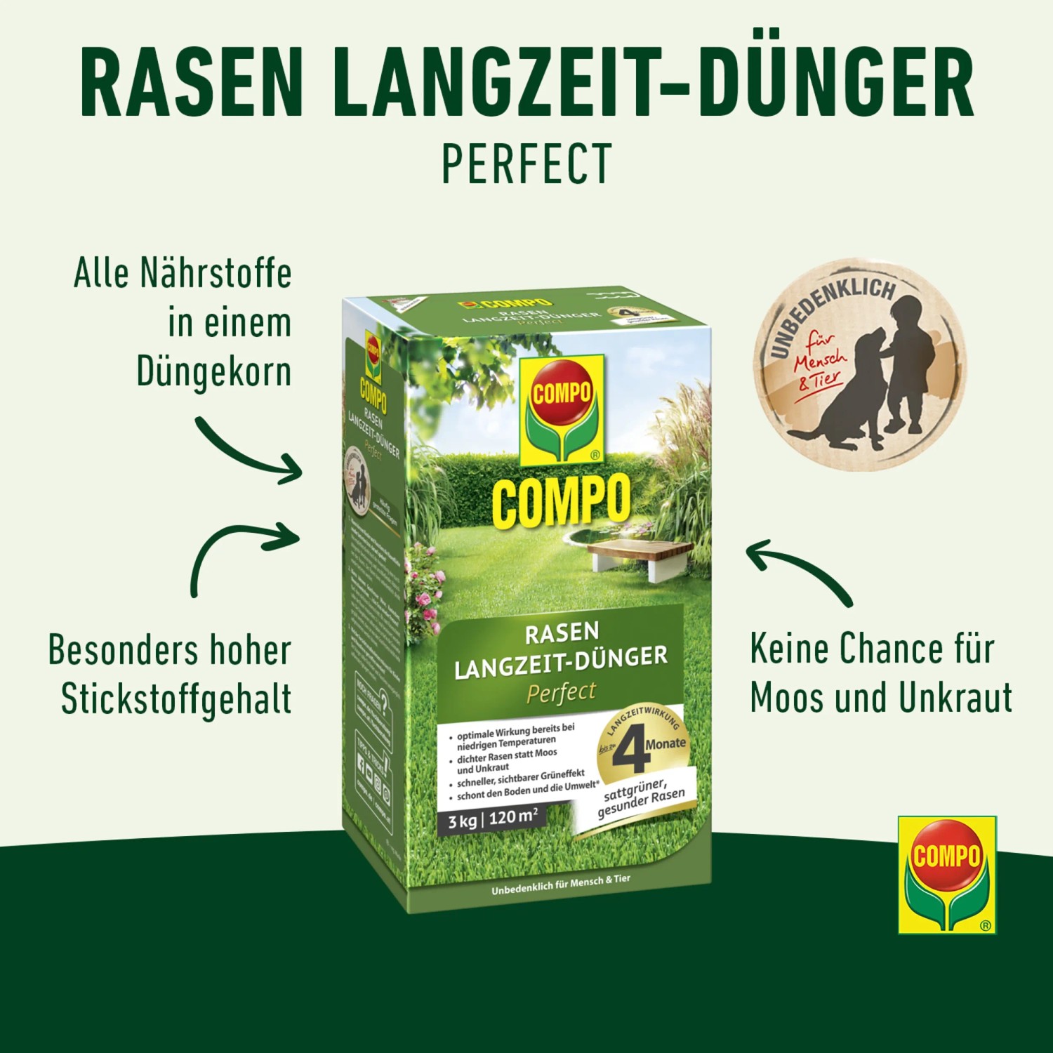 Packung Compo Rasen-Langzeitdünger 3 kg für einen dichten, grünen Rasen ohne Moos und Unkraut.