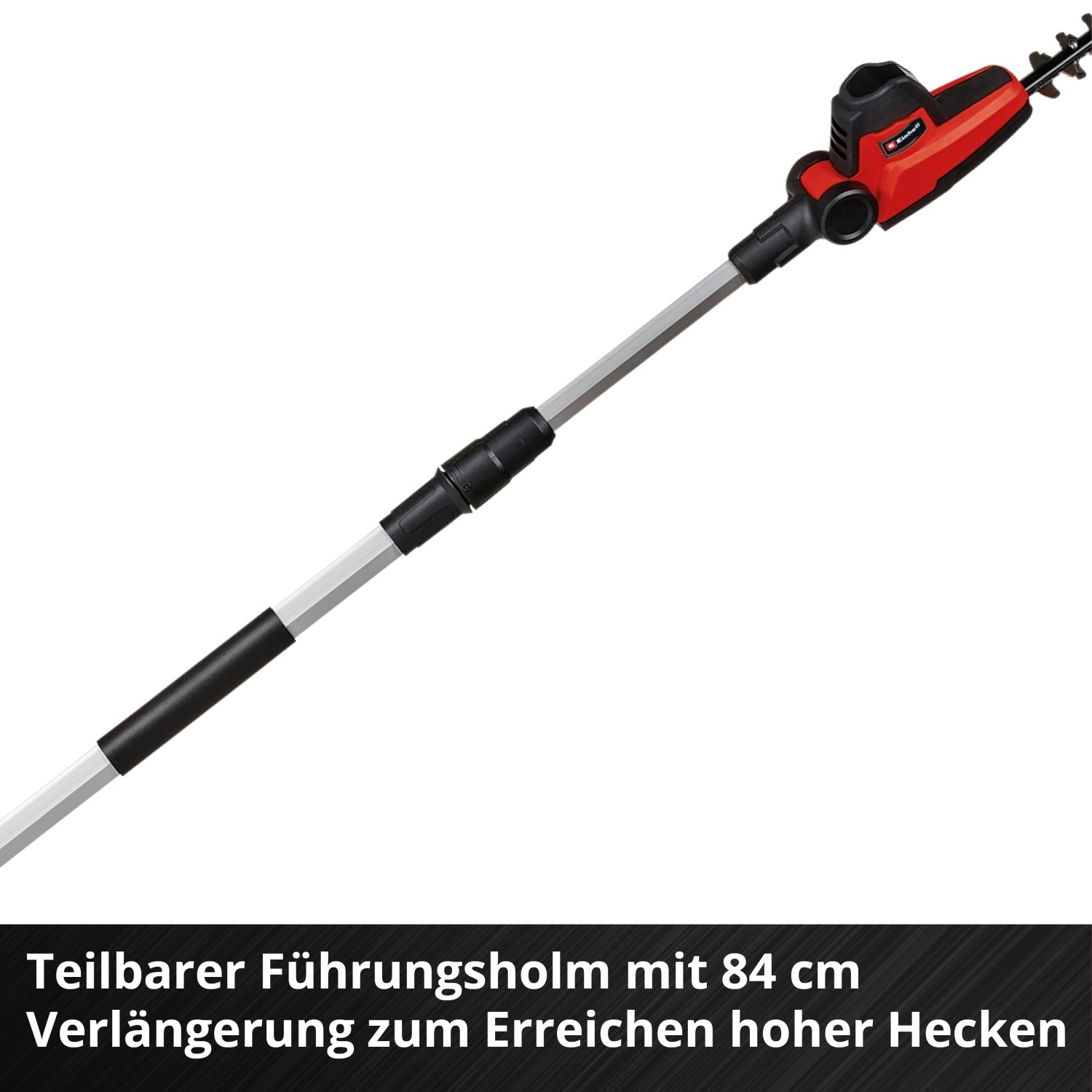Einhell Akku-Teleskop-Heckenschere GC-HH 18/45 Li T-Solo, rot/silber, mit Teleskopstiel für hohe Hecken.