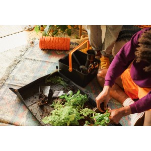 Fiskars Aufbewahrungsbox mit Werkzeugen und Pflanzen beim Umtopfen, ideal für Gartenhandgeräte.