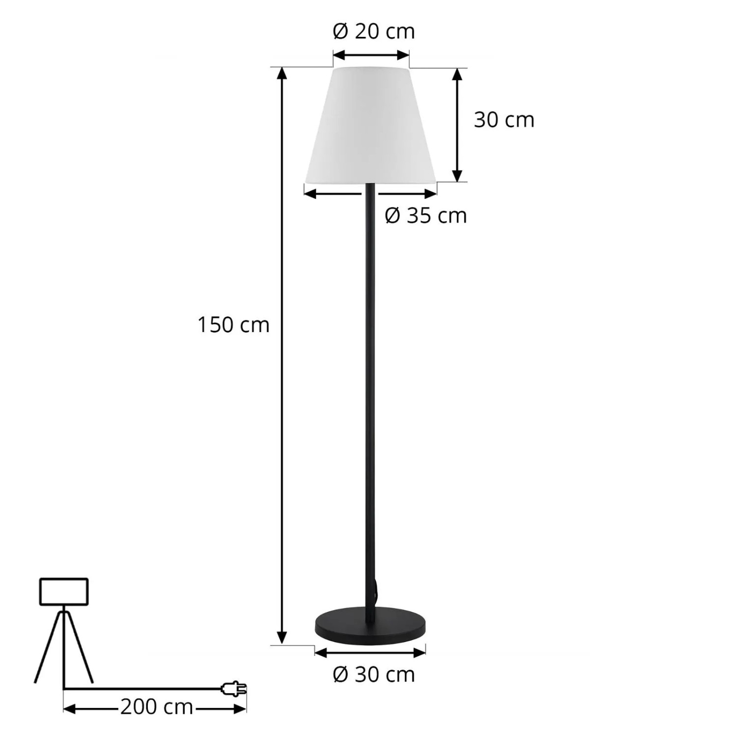 Schwarze Stehlampe Lucande Jaimy mit weißem Schirm, 150cm hoch, für Innenräume.