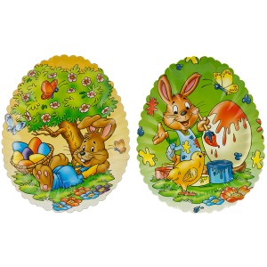 Bunte Osterteller in Eiform, 2-fach sortiert mit Hasen- und Ostermotiven, 2,5x17x23cm.