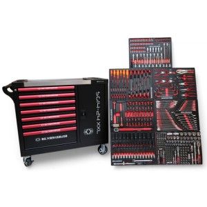 Gefüllter Werkzeugwagen XXL von DeTec. mit 7 Schubladen in Carbon Optik. Profi KFZ Werkzeug für die Werkstatt.