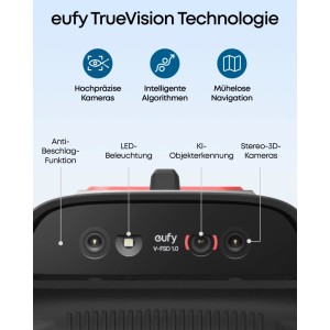 Eufy Mähroboter C15 Solo: TrueVision Technologie mit präzisen Kameras, LED-Licht und KI-Objekterkennung für smarte Navigation.