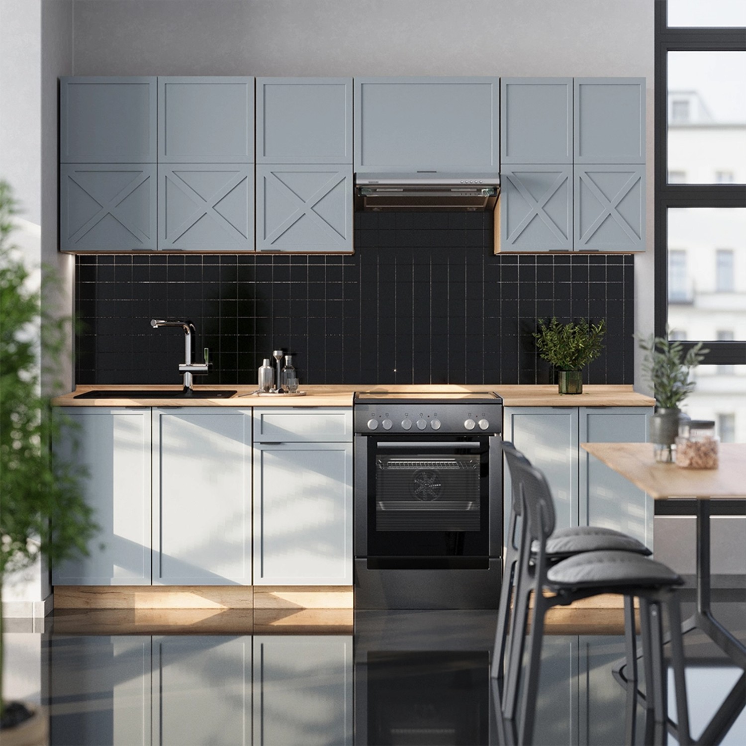 Vicco Fame-Line Komplettküche in Hellblau-Grau/Eiche mit Marmor Arbeitsplatte, 240 cm breit.