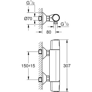 Technische Zeichnung der Grohe QuickFix Precision Trend Thermostat-Duschbatterie in Chrom mit Maßangaben.