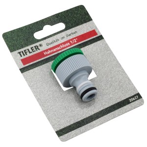 Tifler Hahnstück mit Adapter für 3/4 und 1/2 Zoll, Teil des Bewässerungssystems.
