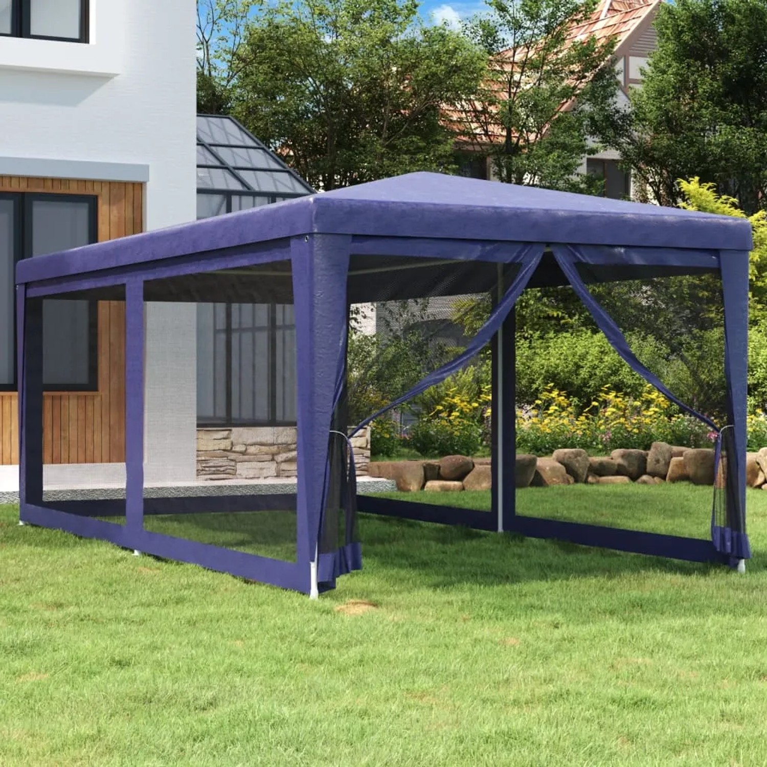Blaues Partyzelt 3x6 m mit Mesh-Seitenwänden für Gartenpartys und Veranstaltungen im Freien.