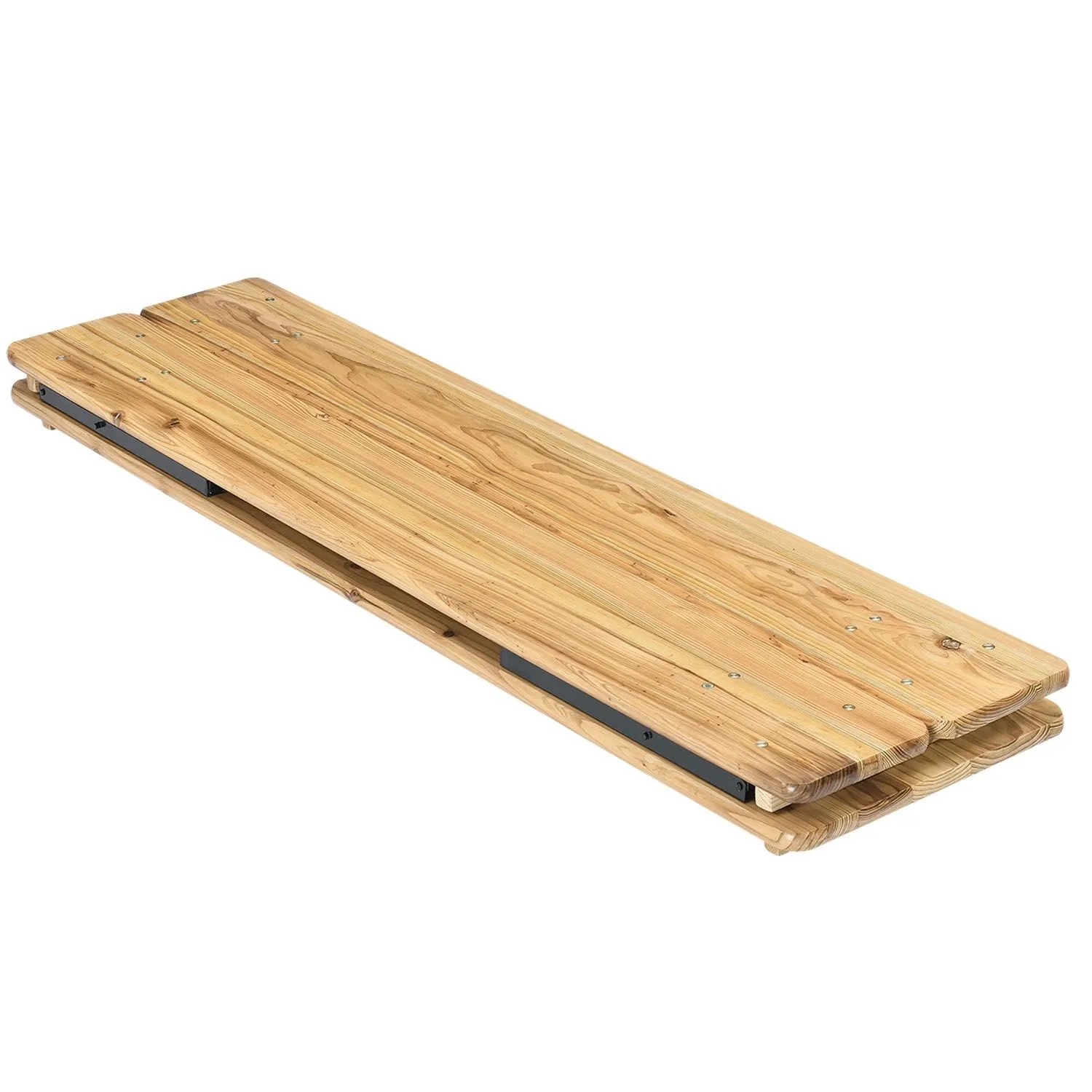 Zusammengeklappte Juskys Bierzeltgarnitur Bichl, 3-teilig, Tannenholz, 170 cm. Platzsparende Lagerung.